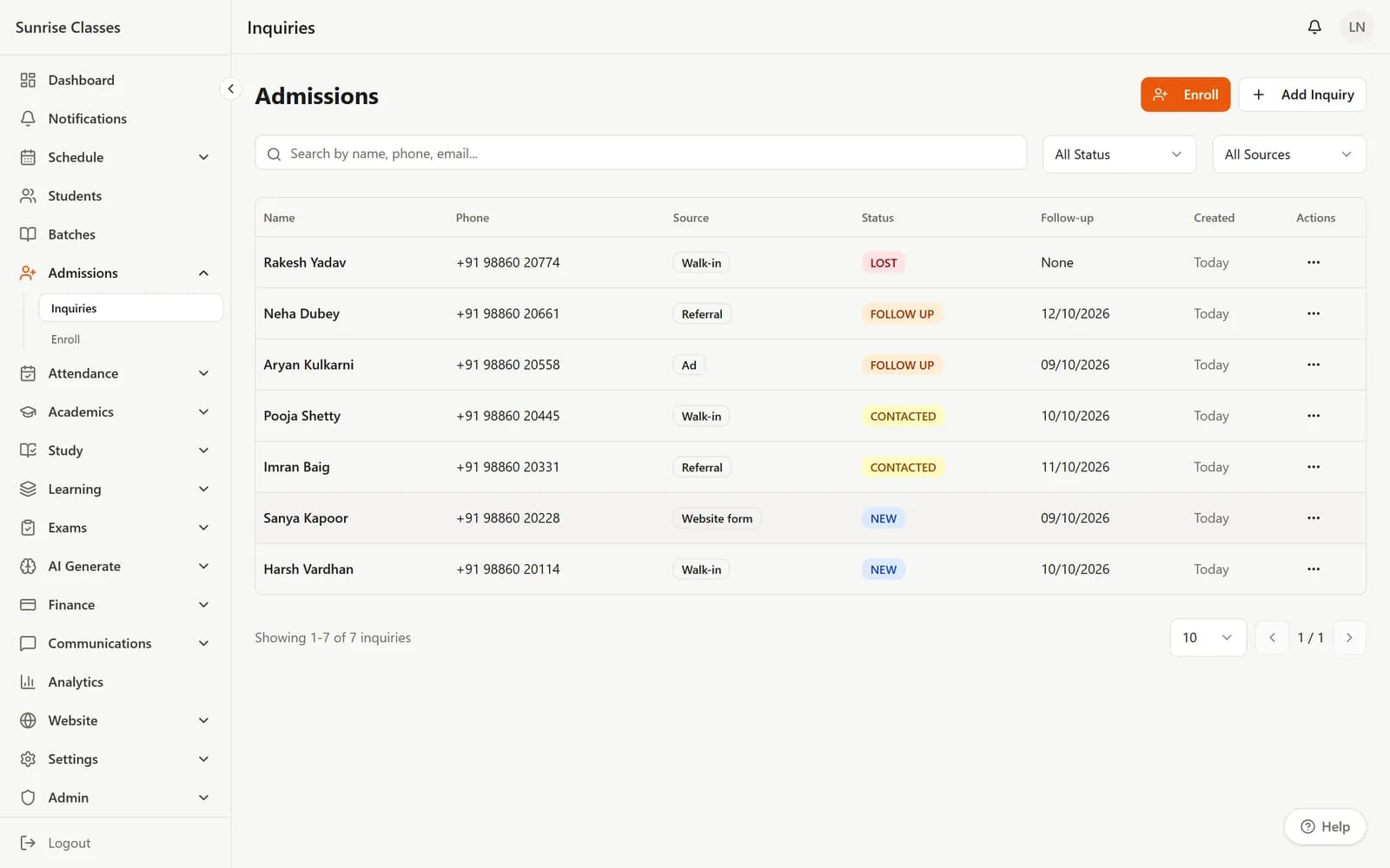 BatchManage web app: Admissions and enquiries